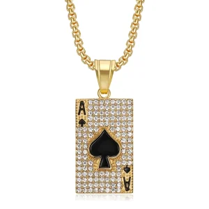 PVD 18K Gold Color Plating Hip Hop Rhinestone Stainless Steel Playing Cards Pendant Necklace
