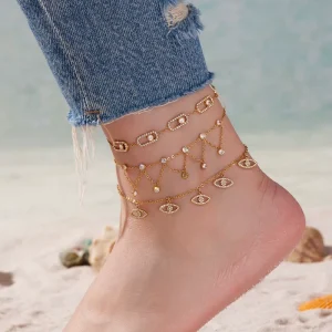 PVD 18K Gold Plated Devil’s Eyes Geometric Zircon Tassel Stainless Steel Women’s Party Exquisite Fashion Charm Anklets