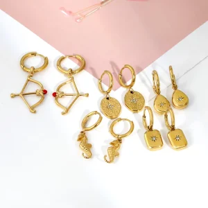 PVD 18K Gold Plated Stainless Steel Geometric Coin Star Archery Seahorse Charm Drop Earrings