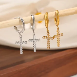 PVD 18k Gold Plated CZ Cross Dangle Hoop Earrings Trendy Stainless Steel Huggie Drop Earring Religious Jewelry Gift for Women