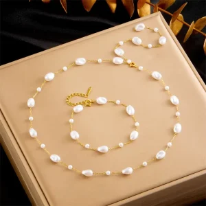 PVD Gold Plated Imitation Pearl Necklace and Bracelet for Women Girls Stainless Steel Jewelry Sets