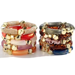 Party Bracelet Irregular Gold Pearl Leopard Print Bamboo Handmade Acrylic Tube Beads Elastic Bracelet