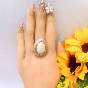 Pastel Purple Enamel Teardrop Statement Ring Gold Trim Oval White Gem Chunky Wide Band Ring Elegant Vintage Finger Jewelry