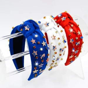 Patriotic USA Knotted Headband Women Rhinestone Star Flag Charms Wide Fabric Hair Hoop High Quality 13CM 4th July Party Hair