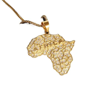 Paved Africa Map Pendant Necklace Unique Personality Hip Hop Jewelry Ice Crystal 18K Gold Plated Stainless Steel for Women