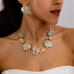Pearl Beaded Bohemian Colorful Oil painted Starfish Coral Reef Summer Necklace Beach Jewelry Style Women Everyday Vacation Wear