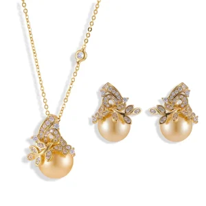 Pearl Blossom Stud Earrings Necklace Jewelry Set Copper Gold Plating Women Jewelry