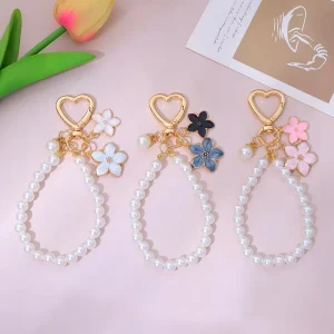 Pearl Bracelet Keychain Pearl Beaded Chain Charm Jewelry Pendant Phone Chains Lanyard Strap Flower Pearl Key Chains