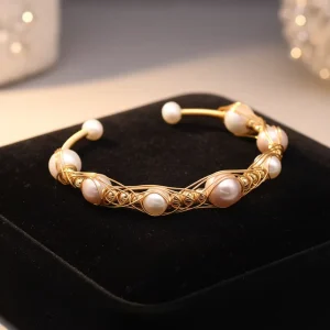 Pearl Bracelet Open Cuff Wire Wrapped Gold Plated Baroque Pearl Fashion Statement Jewelry