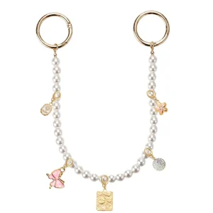 Pearl Chain Keychain Accessories With Replaceable Butterfly Flower Rhinestone Charms Bag Charm for Women