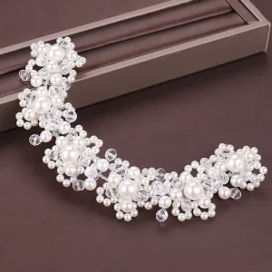 Pearl Crystal Headband Tiara Rhinestone Flower Bridal Headband for Women Bridal Wedding Hair Accessories Jewelry Band Headband
