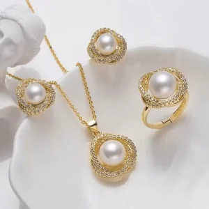 Pearl Crystal Necklace Earrings Rings Jewelry Set for Women