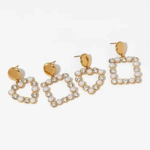 Pearl Czech Zircon Geometric Stud Earrings Stainless Steel 18K Gold Plated Waterproof Hypoallergenic Women Jewelry