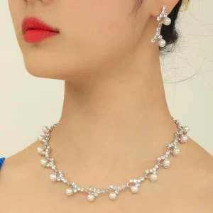 Pearl Diamond Leaf Earrings Necklace Jewelry Set