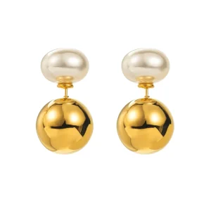 Pearl Earrings for Women Double Ball Waterproof Non Tranish Gold Plated Stainless Steel Stud Earrings