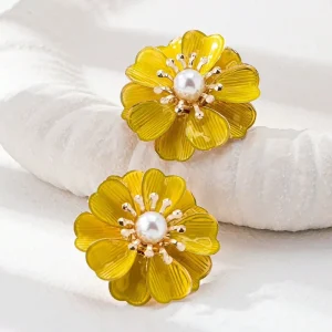 Pearl Enamel Flower Earrings for Women Drop Pendant Stud Earrings Trendy Style for Party or Gift
