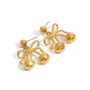 Pearl Gold 316L Stainless Steel 18K PVD Gold Earrings Cherry Ribbon Drop Earrings for Women Gift for Her