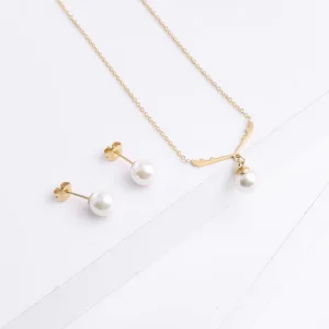 Pearl Gold Plated Stainless Steel Wedding Necklace and Earrings Jewelry Set for Women