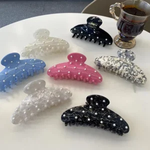 Pearl Hair Claw Clip Custom Quilted Check Pattern Quiet Luxury Claw Clips Korean Elegant Shark Hair Clip OEM ODM