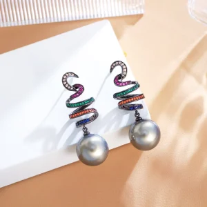 Pearl Jewelry Multi Color CZ Zircon Long Drop Earrings for Women Black Gun Plated