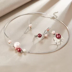 Pearl Jewelry Set 925 Silver CZ Big Pearl Choker Necklace Earrings Ring Set