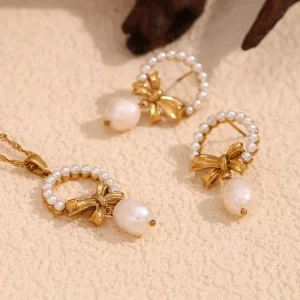 Pearl Jewelry Set Bow Necklace 18K Gold Plated Stainless Steel Necklace and Earring