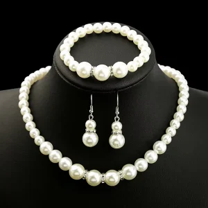 Pearl Jewelry Set Simulated Pearl Double Layer Chokers Earrings Bracelet Necklace for Women Girls Wedding