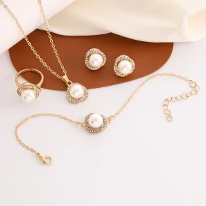 Pearl Jewelry Set with Diamond Encrusted Floral Design Necklace Bracelet Ring and Earrings