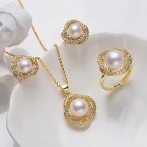 Pearl Jewelry Set with Diamond, Gold Plated Flower Pendant, Necklace, Earrings, and 925 Sterling Silver Charm