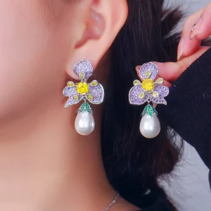 Pearl Jewelry Yellow Purple Geometric Cubic Zircon Drop Earrings for Women