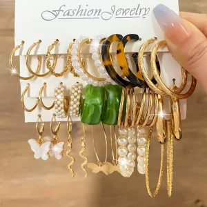Pearl Leopard Print Dangle Earrings Set Acrylic Gold Color Hoop Earrings for Women Butterfly Twist Earrings