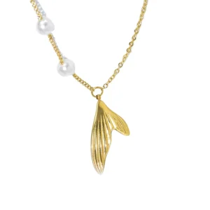Pearl Mermaid Tail Pendant Stainless Steel Necklace Gentle Ocean Style Long Elegant Sweater Chain Accessories