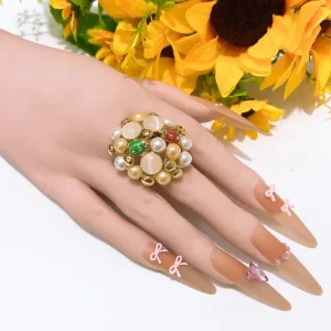 Pearl Multicolor Gem Cluster Ring Vintage Gold Plated Chunky Statement Ring Elegant Floral Style Finger Jewelry for Daily Wear