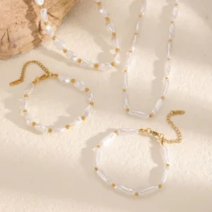 Pearl Necklace Bracelet Set, Stainless Steel Jewelry Set