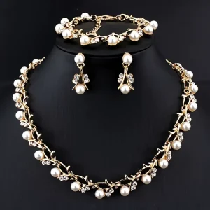 Pearl Necklace Earring Set Versatile Bridal Dress Accessories Fashionable 3-piece Set N-00032