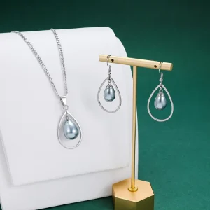 Pearl Necklace Earrings Fashion Jewelry Designers Stainless Steel Bridal Pearl Necklace and Hoops Earrings Wedding Jewelry Sets