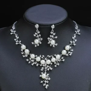 Pearl Necklace Jewelry Set Diamond Encrusted Earrings Two Piece Set