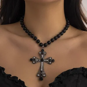 Pearl Necklace Wedding Banquet Party Fashion Necklace Jewelry Sets Alloy Black Pearl Pendant Cross Necklace