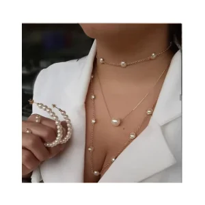 Pearl Necklaces Earrings Set Fashion Choker Multilayer Clavicle Chain Big Pearl Beads Necklace for Women