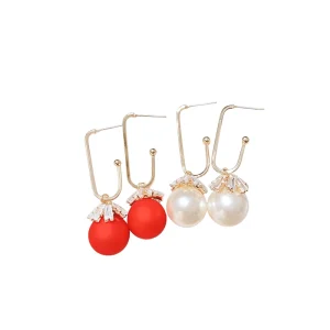 Pearl Red Ball Drop Earrings Crystal Rhinestone Electroplated Zinc Alloy New Korean Style Trendy Women’s