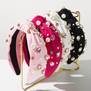 Pearl & Rhinestone Knotted Headband Jeweled Padded Hair Hoops 13CM Luxury Statement Hair Accessories for Women Party Use
