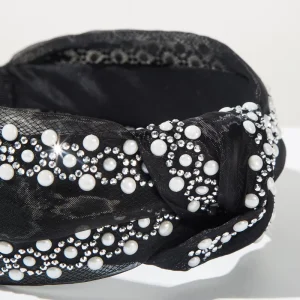 Pearl Rhinestone Mesh Knotted Headband Embellished Tulle Fabric Hair Hoops High Quality Elegant Statement Hair Accessories for