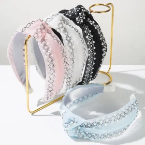 Pearl Rhinestone Mesh Knotted Headband Sheer Tulle Bridal Hair Accessories 13CM Women’s Wedding