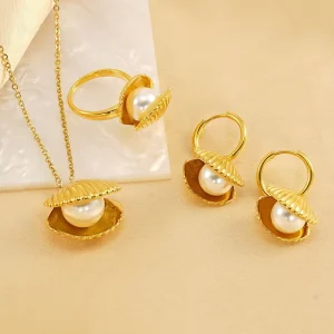 Pearl Shell Earrings Women Jewelry Set Gold for Women Stainless Steel Charm Necklace Designer Accessories