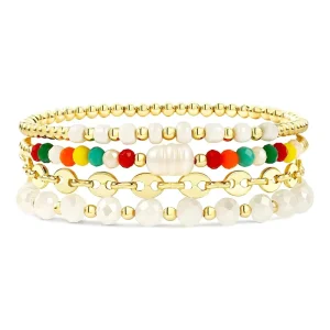 Pearl Stainless Steel Beaded Bracelets Women Boho Crystal Multiple Layered Stackable Wrap Bangle Set Paperclip Chain Trendy