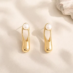 Pearl Stainless Steel Geometric Long Stud Earrings Gold Plated Jewelry for Women