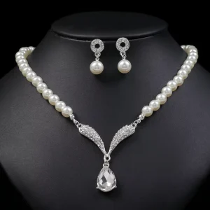 Pearl Stainless Steel Jewelry Set Water Drop Shape Link Chain Necklace and Earrings