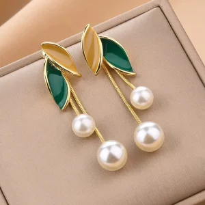 Pearl Tassel Leaf Earrings Elegant Women’s Earrings