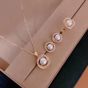 Pearl Zirconia Necklace Earrings Rings Jewelry Set for Women