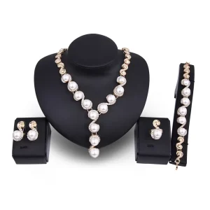 Pearls Gold Jewelry Set Costume Jewelry Set Fashion Pearls Necklace Earrings Bracelet Ring Set